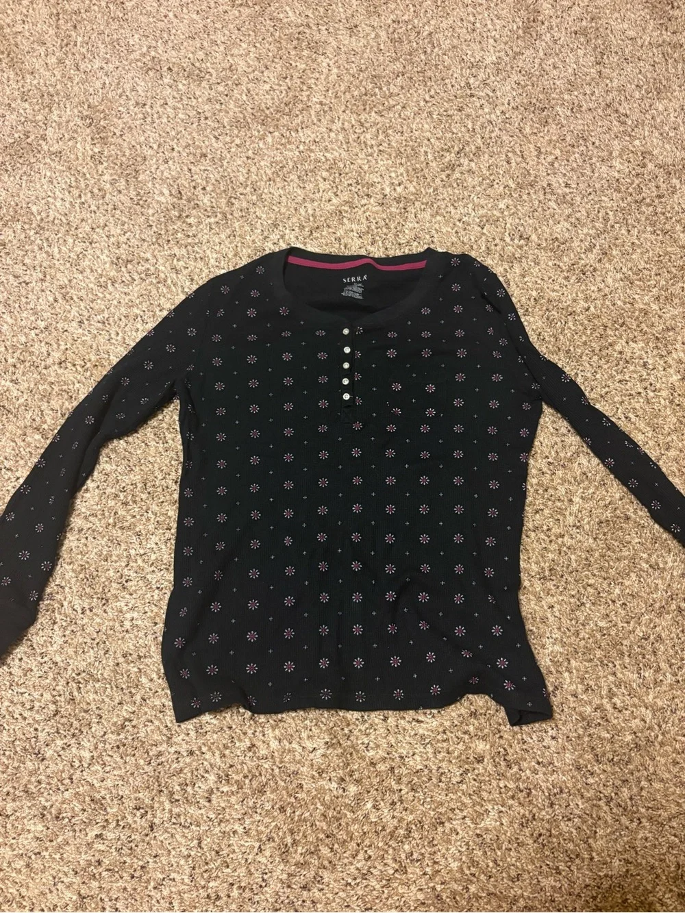 Serra Black Long Sleeve Waffle Knit Cotton Blend Pajama Set Pink Dot Pattern
